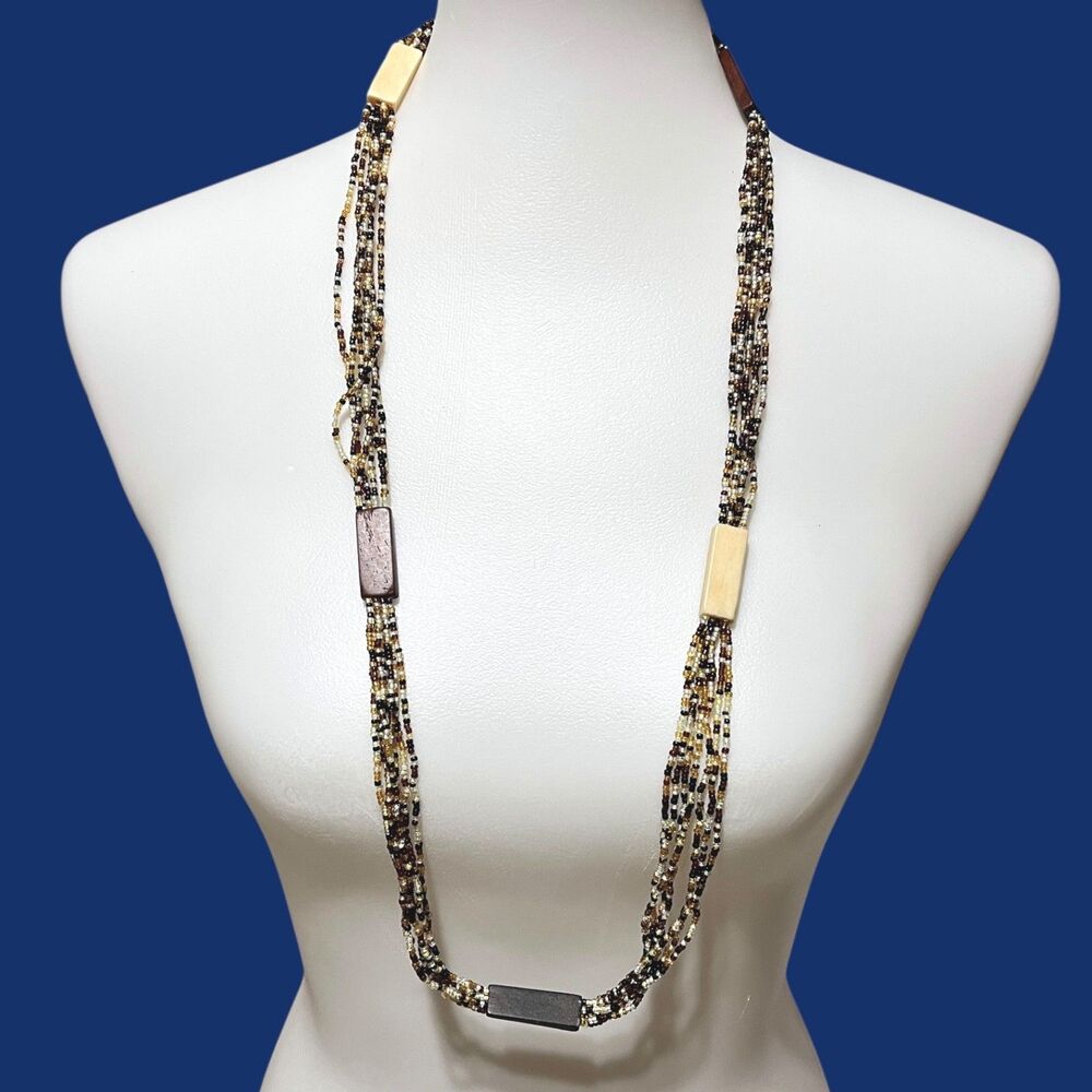 VTG Artisan Seed Bead Statement Necklace Long Multi Strand Unique Boho Brown